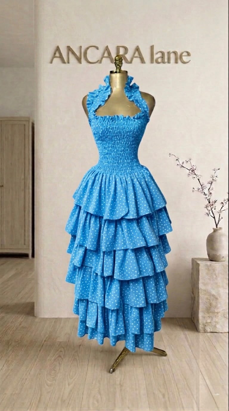 Blue halter-neck tiered dress from the ANCARA collection