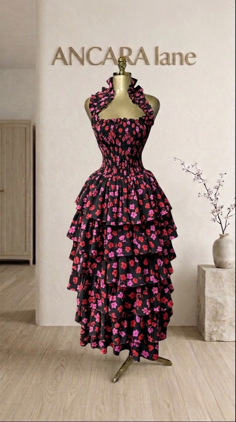 Navy floral tiered dress from the ANCARA collection