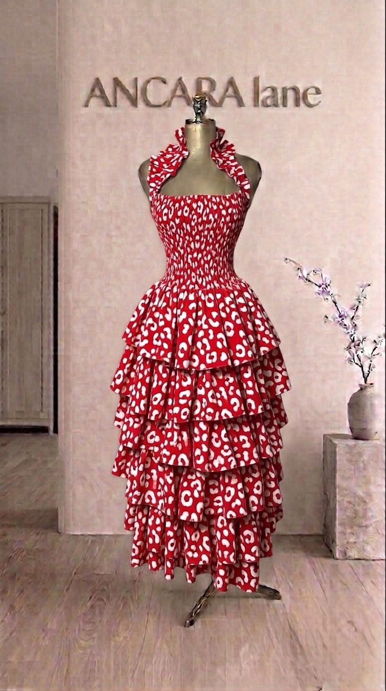 Red patterned tiered dress from the ANCARA collection