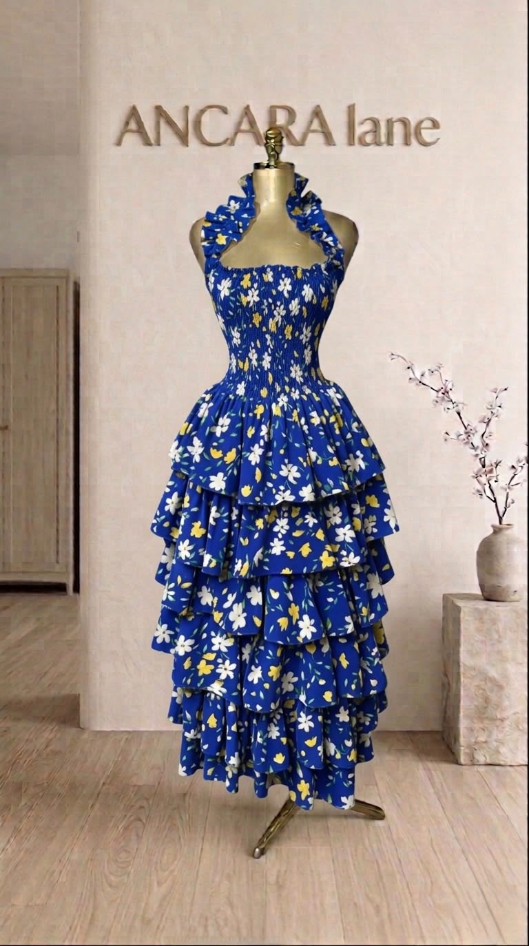 Royal blue floral ruffle dress from ANCARA