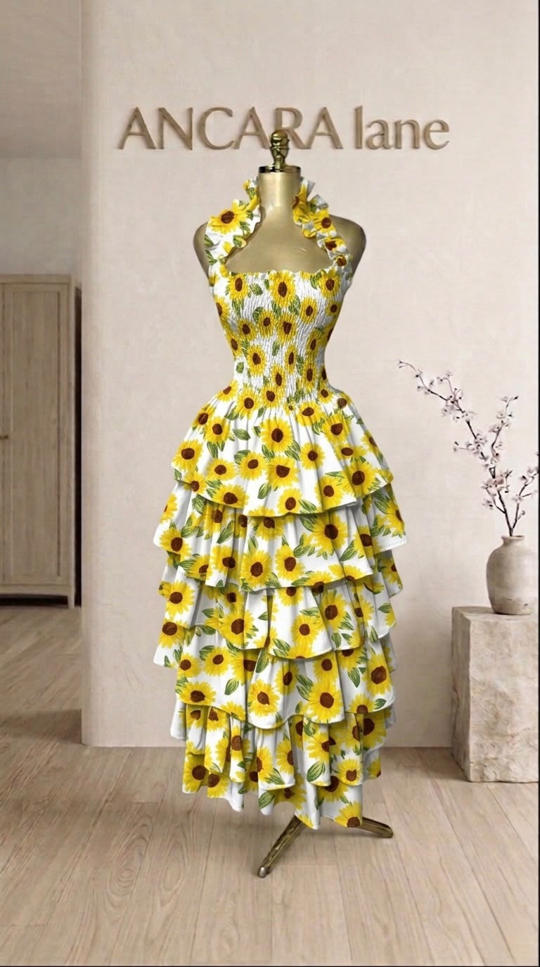 White and yellow sunflower-print ruffle dress from ANCARA