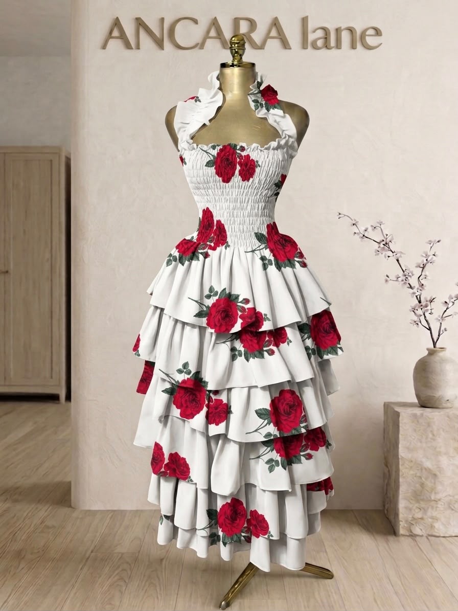 White tiered dress with bold red floral details from ANCARA