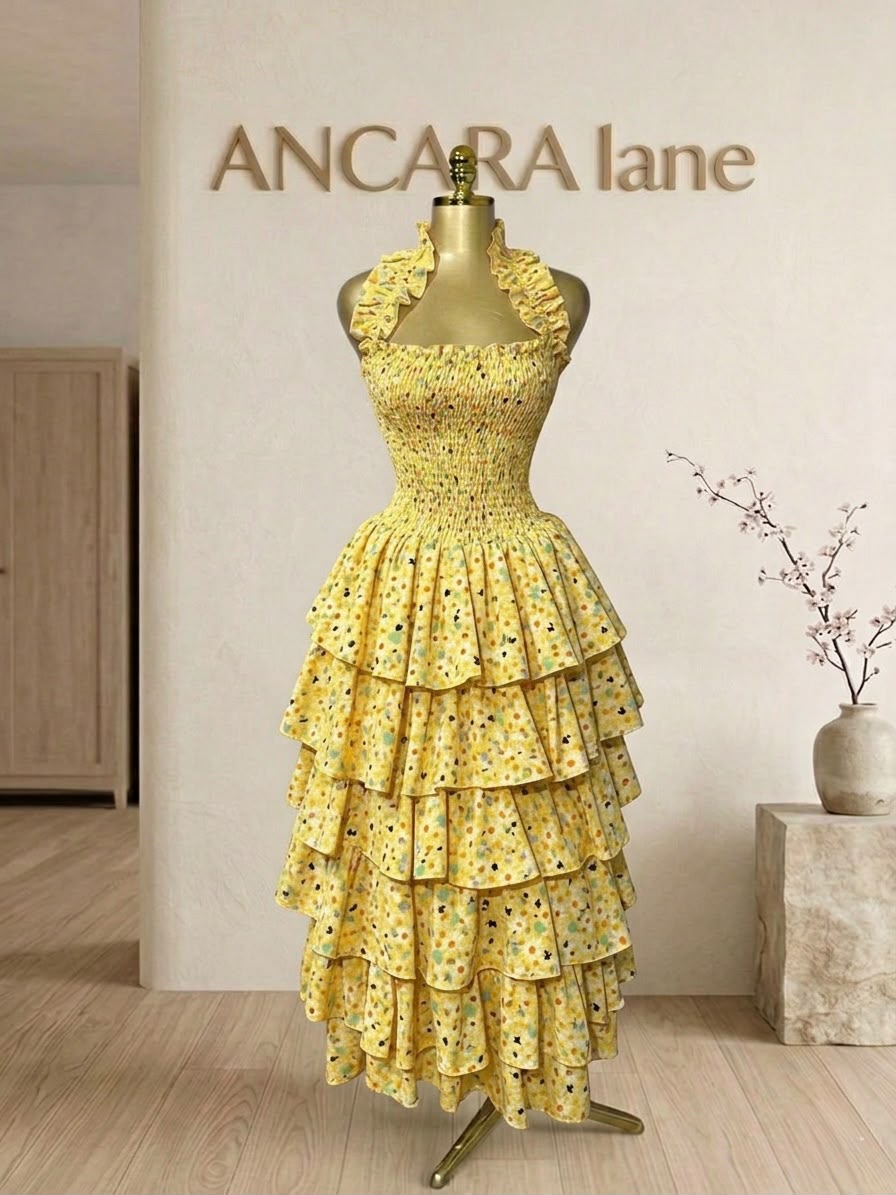 Yellow patterned tiered dress from the ANCARA collection