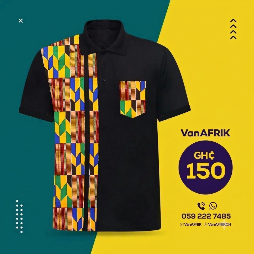 Black polo shirt with colourful Kente design panels and pocket from Elly Little's Hub
