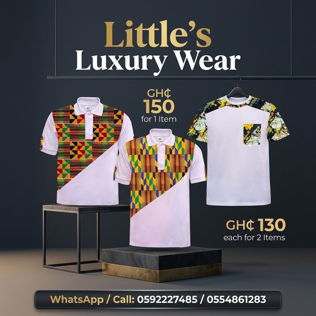Three white branded Kente design shirts from Elly Little's Hub with pricing