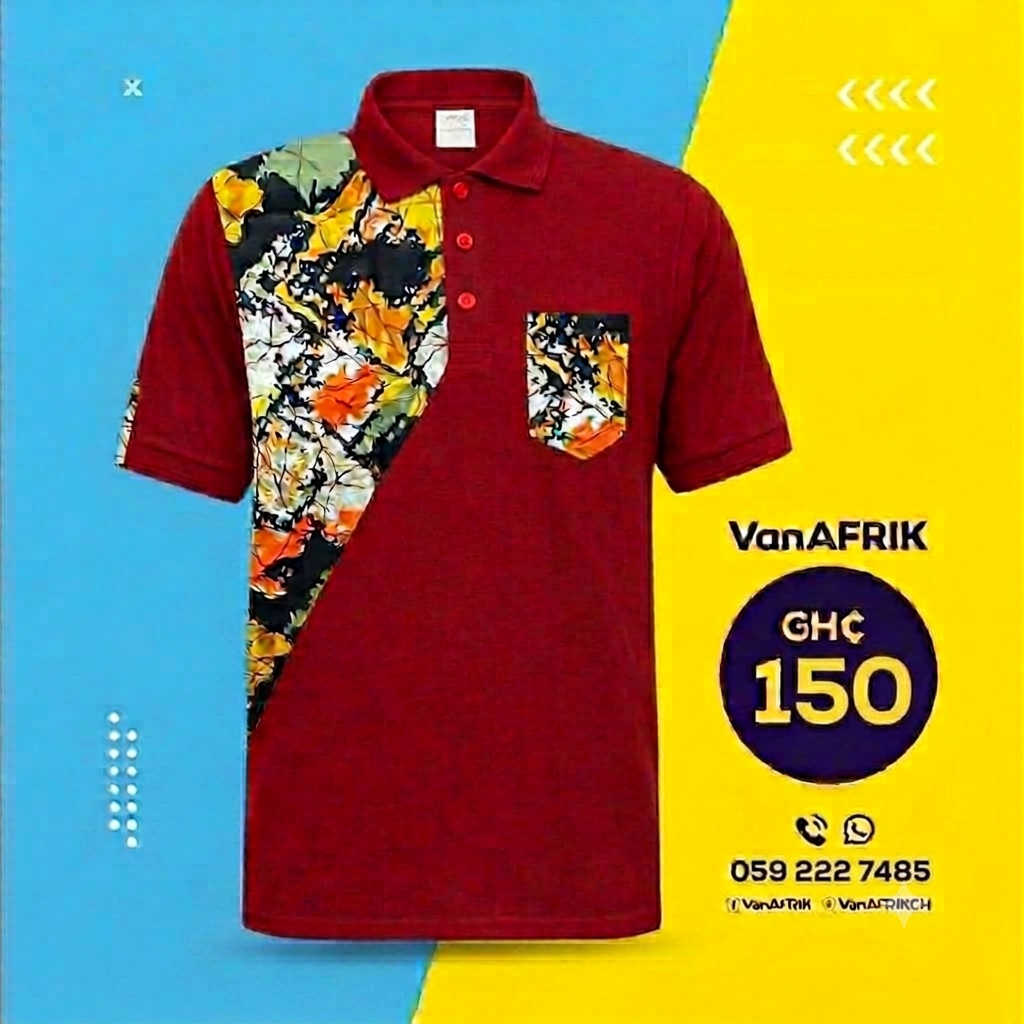 Red polo shirt with a bold African print panel and pocket from Elly Little's Hub