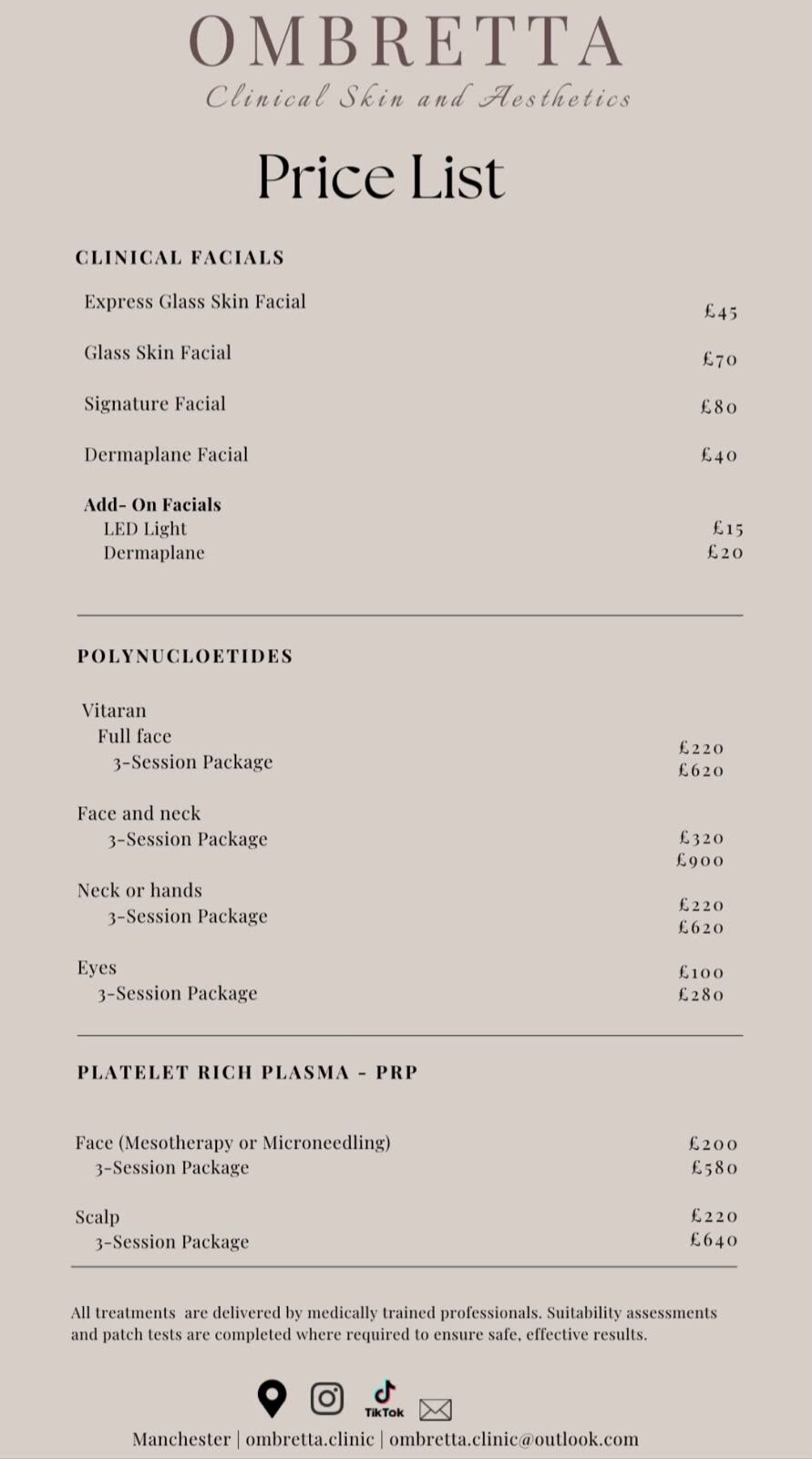 Ombretta Clinic price list for clinical facials, polynucleotides and platelet rich plasma treatments