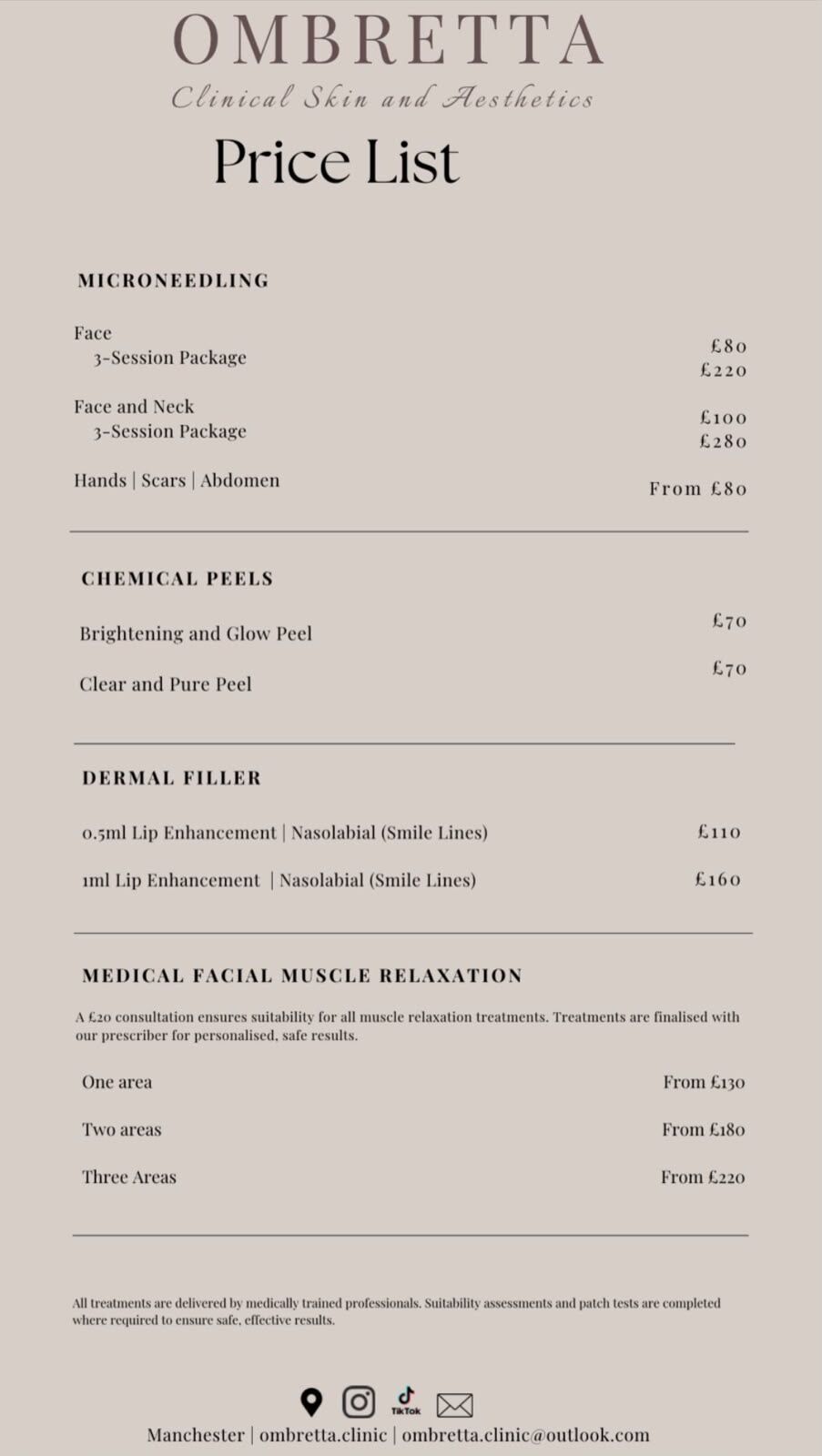 Ombretta Clinic price list for microneedling, chemical peels, dermal filler and medical facial muscle relaxation